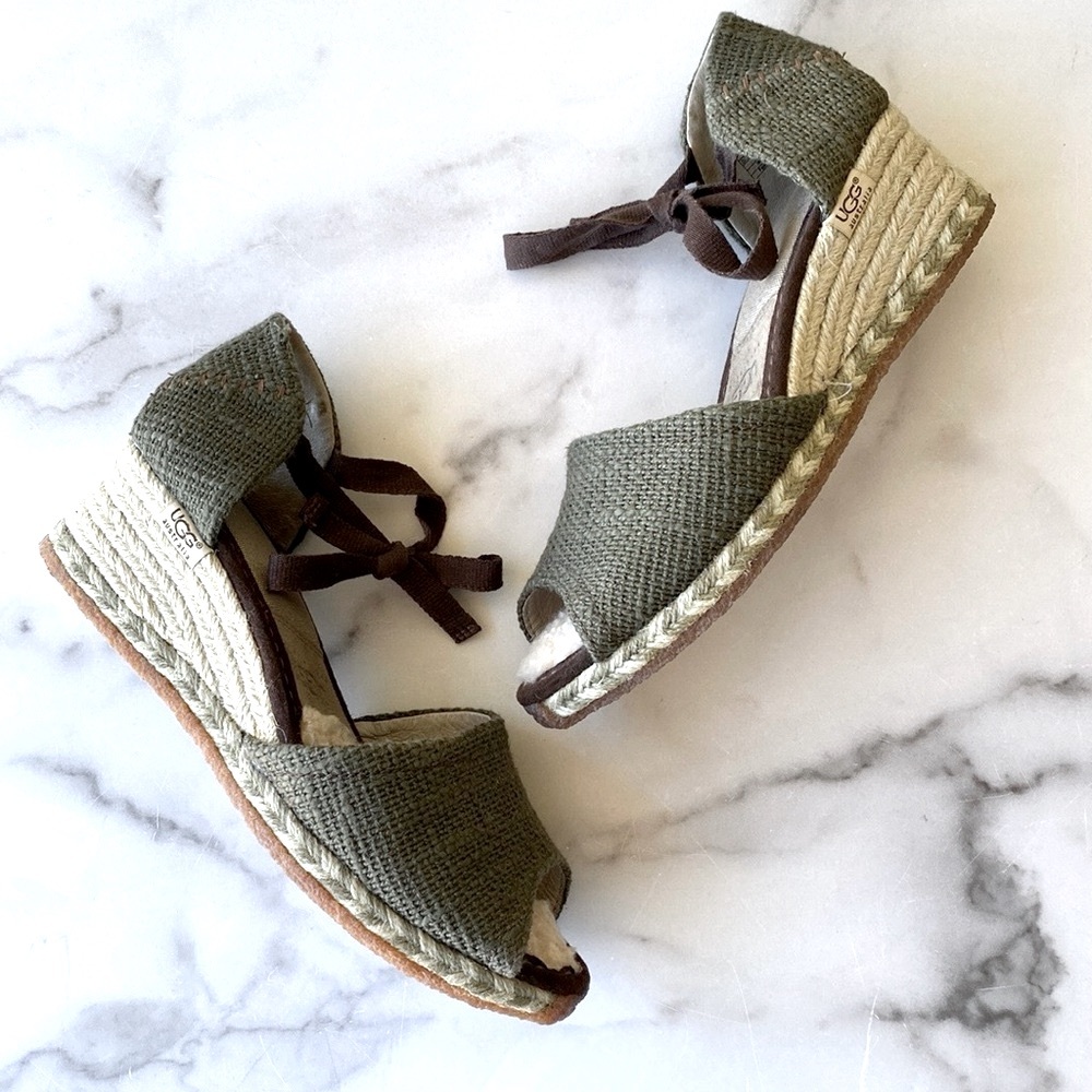 UGG Delmar Green Jute Espadrille Tie Ankle Wedge Sandals Sz 9